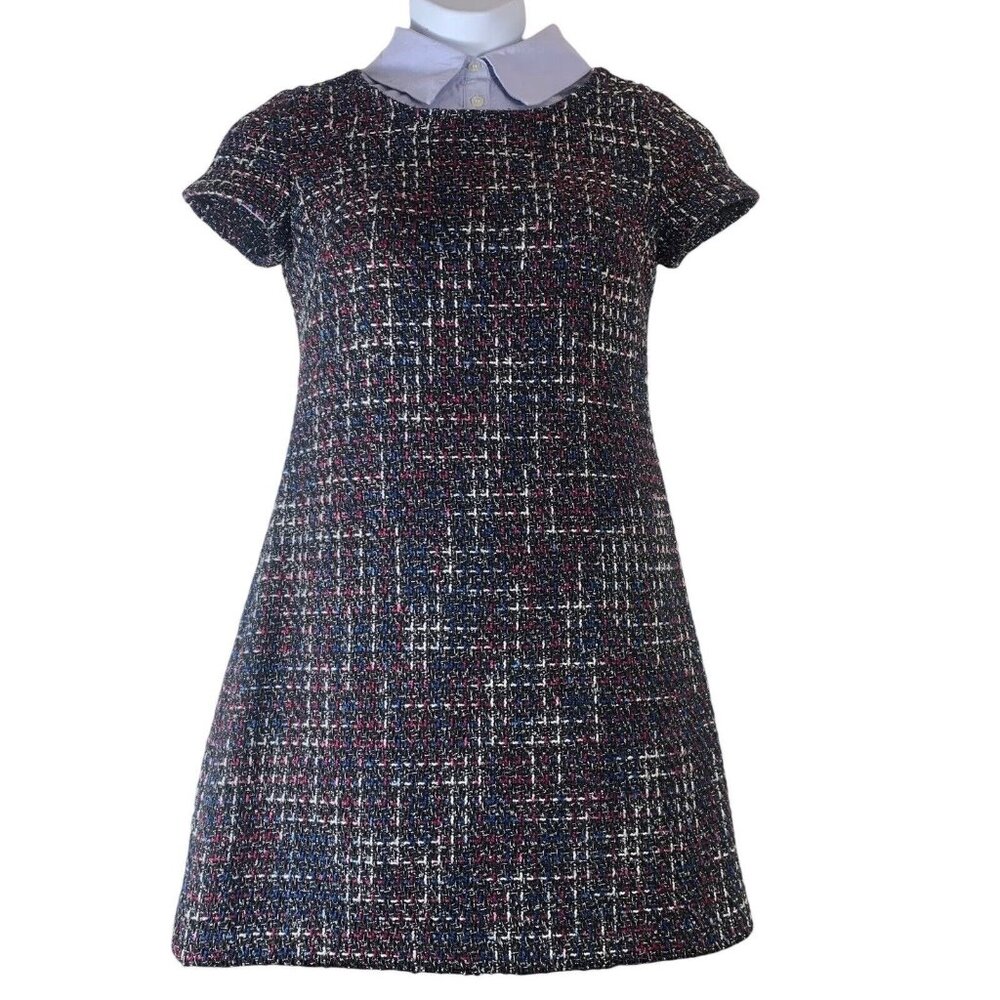 1901 Dress Size 8 Woven Black Purple Blue Short Sleeved Lined Collared